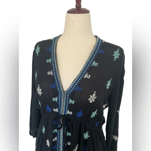 Free People Walking On A Dream Embroidered Mini Dress Black Boho Tunic Size M - Picture 8 of 13